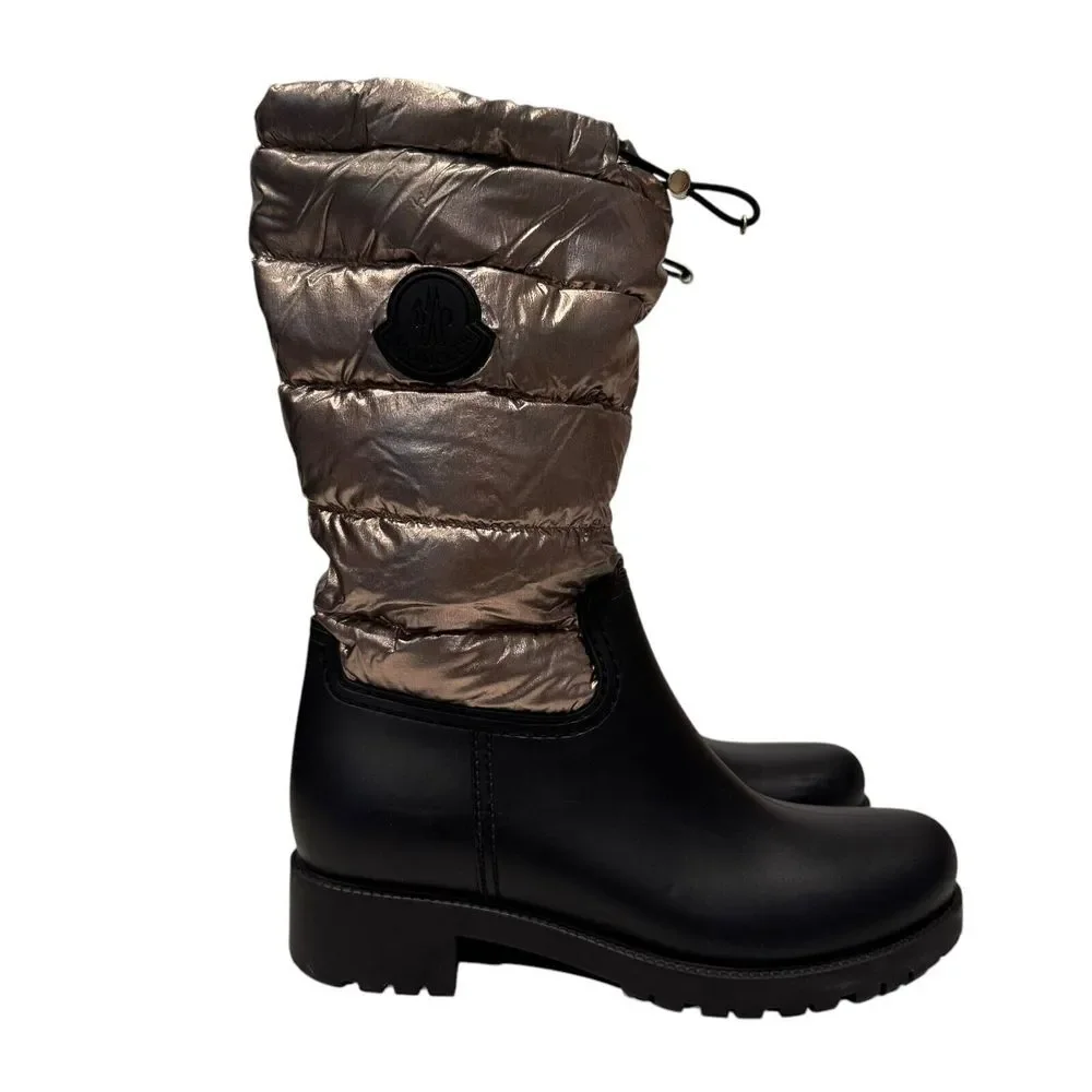 Moncler Black Rubber Boots with Metallic Taupe Quilted Shaft